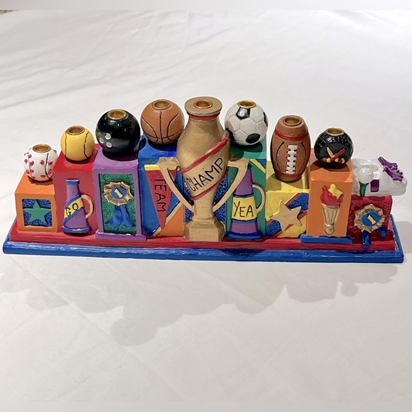 Vintage 1995 Sports Hanukkah Menorah Hand painted 10.5” x 2”x 5” - Picture 2 of 16
